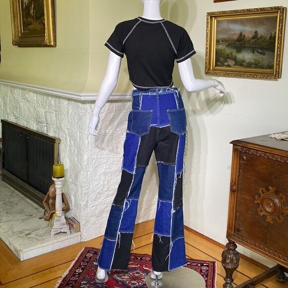 Shein Patchwork Distressed Black & Blue Denim High Waist Button Fly Flare Jeans - Picture 3 of 16